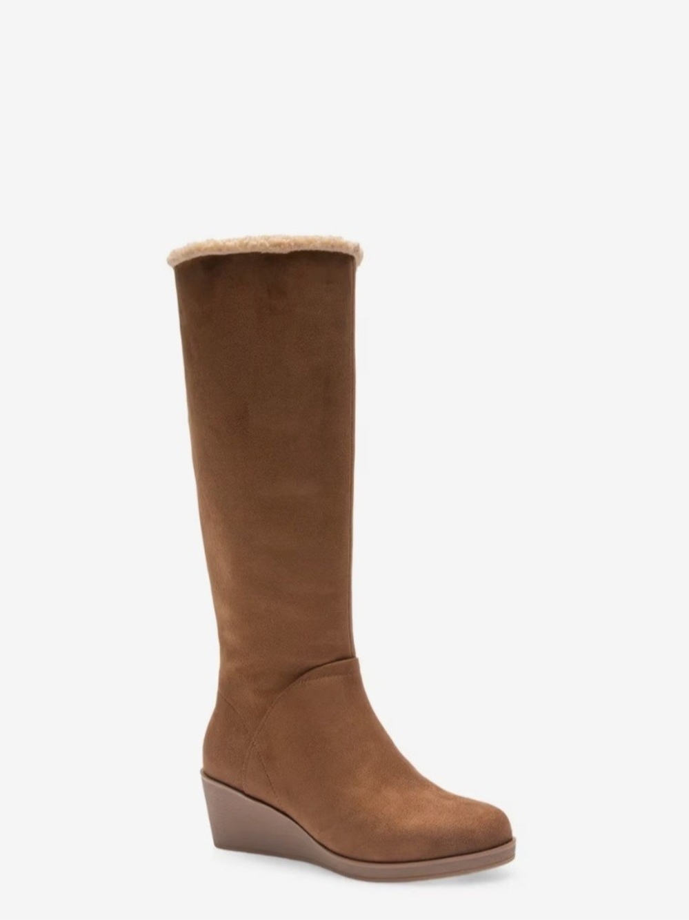 AEROSOLES Brown Suede Wedge Knee-High Boot with Shearling Trim